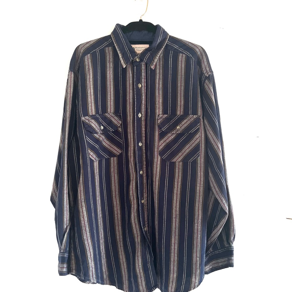 Vintage Navy Blue Striped Casual Button Down Flannel Shirt Size XL Soft Colorful